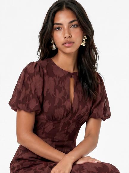 Anaya With Love Floral Burnout Puff Sleeve Ruffle Dress, Chocolate Truffle - view 2, Chocolate Truffle