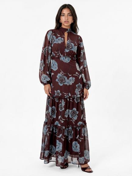 Anaya With Love Georgette Blouson Sleeve Maxi Dress, Brown/Blue, Brown/Blue