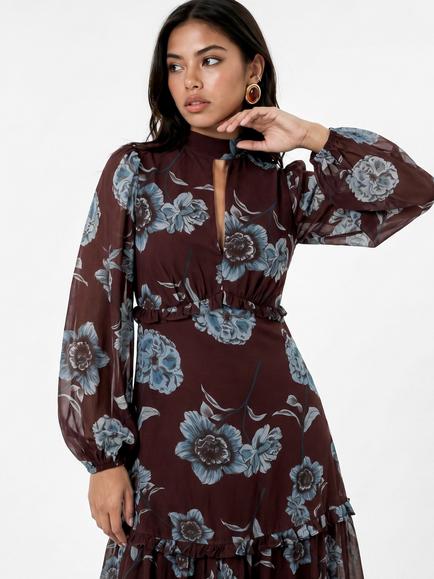 Anaya With Love Georgette Blouson Sleeve Maxi Dress, Brown/Blue - view 2, Brown/Blue