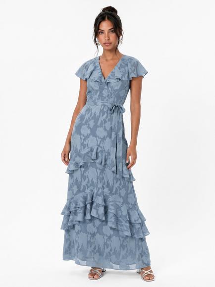 Anaya With Love Floral V-Neck Ruffle Maxi Dress, Opal Blue, Opal Blue