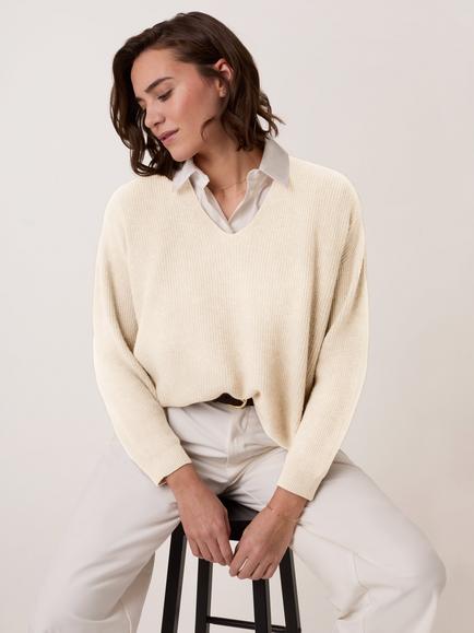 Celtic & Co. Studio Slouchy Ribbed V-Neck Jumper - view 2, Ecru