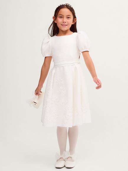 Monsoon Kids' Puff Sleeve Floral Embellished Party Dress, Ivory, Ivory