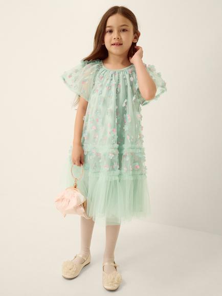 Monsoon Kids' Kala 3D Floral Mesh Swing Dress, Sage, Sage