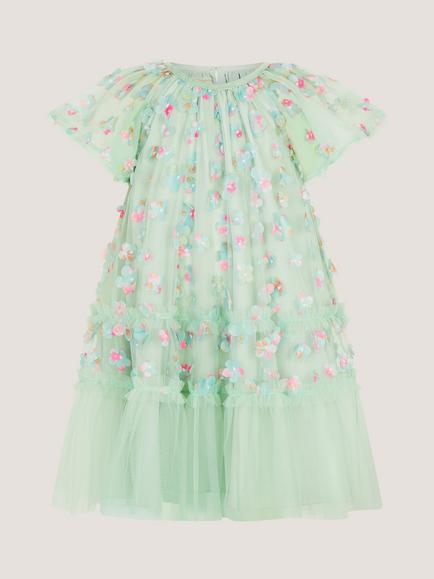 Monsoon Kids' Kala 3D Floral Mesh Swing Dress, Sage - view 2, Sage