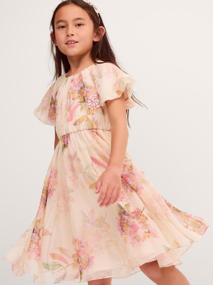 Monsoon Kids' Leila Flutter Sleeve Glitter Floral Dress, Multi, Multi