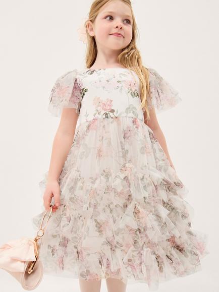 Monsoon Kids' Roma Flutter Sleeve Floral Tulle Dress, Multi, Multi