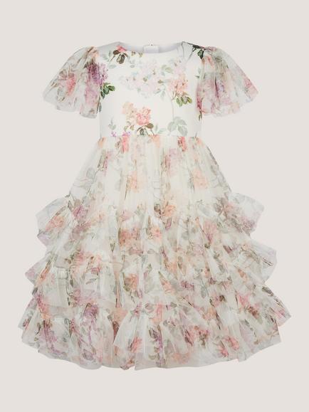 Monsoon Kids' Roma Flutter Sleeve Floral Tulle Dress, Multi - view 2, Multi