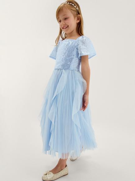 Monsoon Kids' Scarla Short Sleeve Ruffle Dress, Pale Blue, Pale Blue