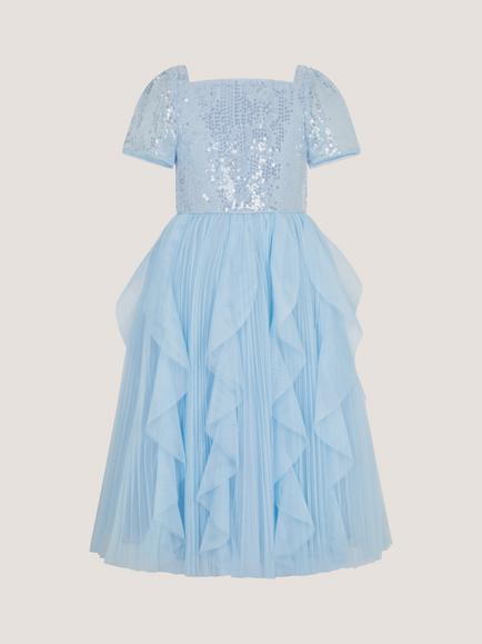 Monsoon Kids' Scarla Short Sleeve Ruffle Dress, Pale Blue - view 2, Pale Blue