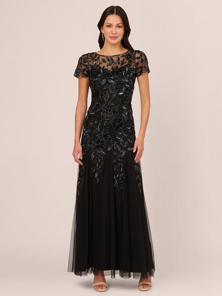 Adrianna Papell Bead Long Dress with Godets, Black/Gunmetal, Black/Gunmetal