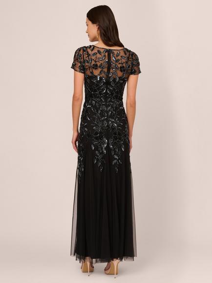 Adrianna Papell Bead Long Dress with Godets, Black/Gunmetal - view 2, Black/Gunmetal