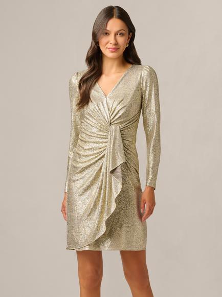 Adrianna Papell Foiled Knit Draped Dress, Light Gold, Light Gold