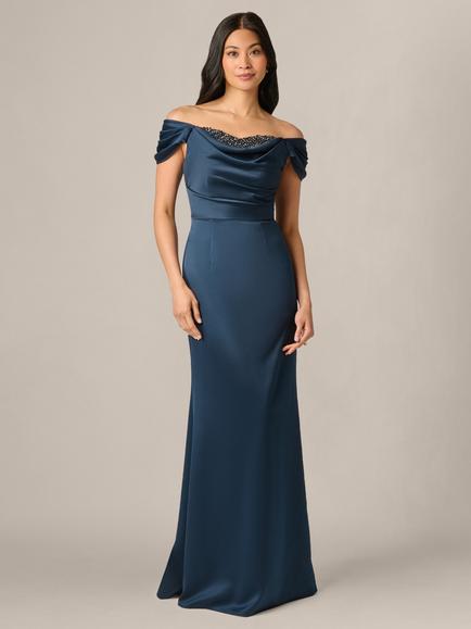 Adrianna Papell Layered Bodice Bardot Gown, Dark Navy, Dark Navy