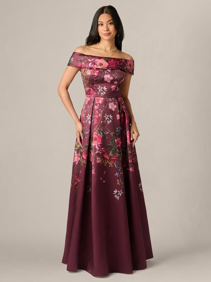 Adrianna Papell Off Shoulder Floral Printed Gown, Burgundy Multi, Burgundy Multi