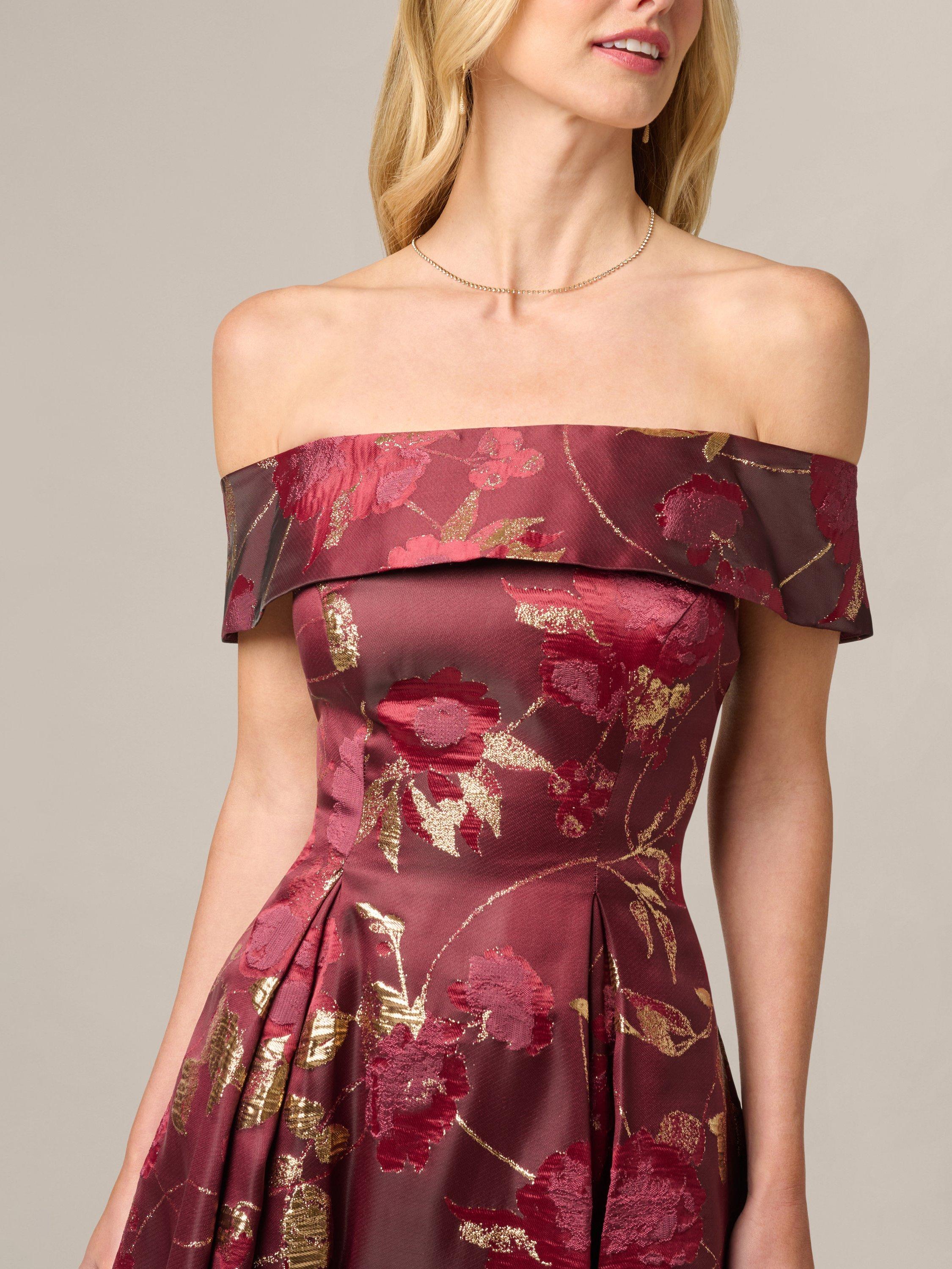 Adrianna Papell Metallic Floral Off Shoulder Midi Dress, Burgundy/Gold