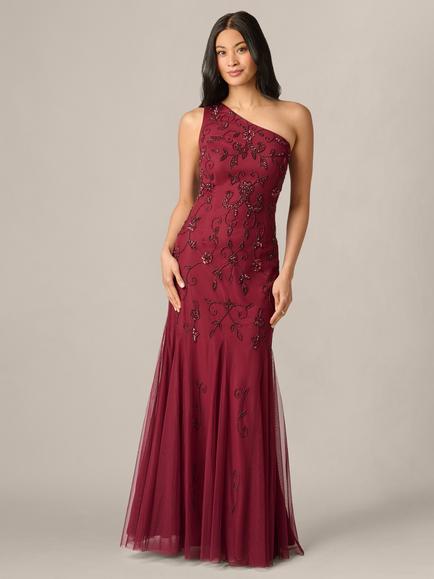 Adrianna Papell Studio One Shoulder Beaded Dress, Mahogany, Mahogany