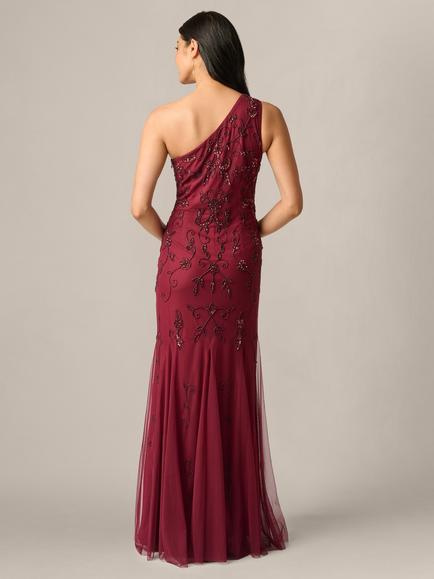 Adrianna Papell Studio One Shoulder Beaded Dress, Mahogany - view 2, Mahogany