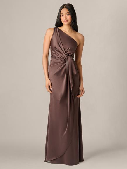 Adrianna Papell One Shoulder Satin Gown, Dark Brown, Dark Brown