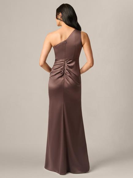 Adrianna Papell One Shoulder Satin Gown, Dark Brown - view 2, Dark Brown