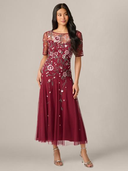 Adrianna Papell Petite Beaded Mesh Ankle Dress, Mahogany, Mahogany