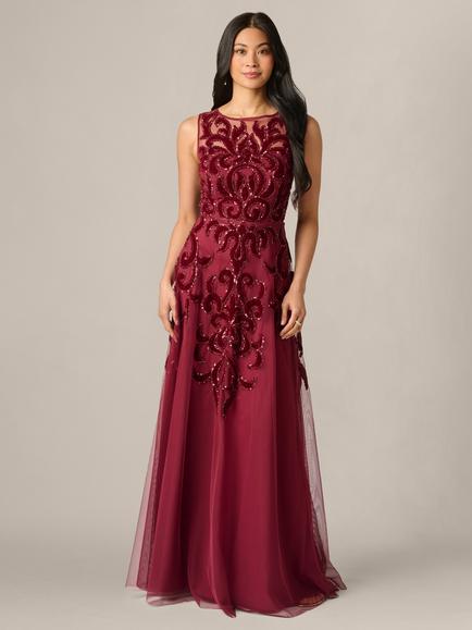Adrianna Papell Petite Illusion Bead Mesh Maxi Dress, Mahogany, Mahogany