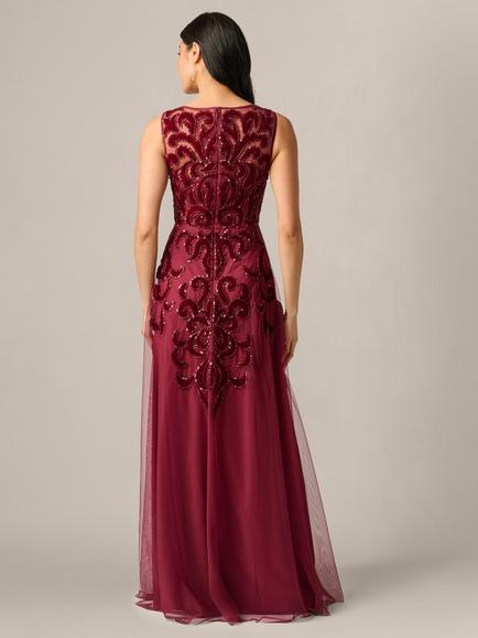 Adrianna Papell Petite Illusion Bead Mesh Maxi Dress, Mahogany - view 2, Mahogany