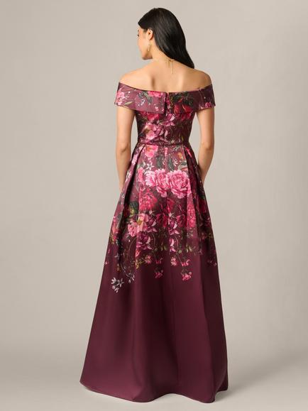 Adrianna Papell Petite Off Shoulder Floral Printed Gown, Burgundy Multi - view 2, Burgundy Multi