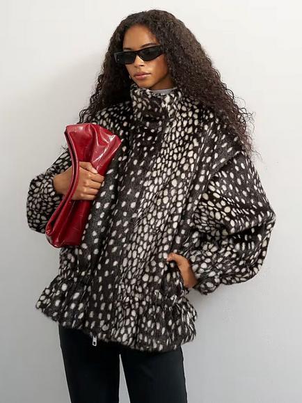 Topshop Faux Fur Deer Print Cinch Hem Jacket, Brown/Cream, Brown/Cream