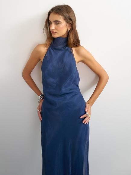 Topshop Halterneck Sheer Bias Cut Maxi Dress, Navy, Navy