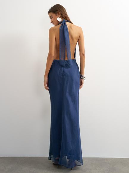 Topshop Halterneck Sheer Bias Cut Maxi Dress, Navy - view 2, Navy