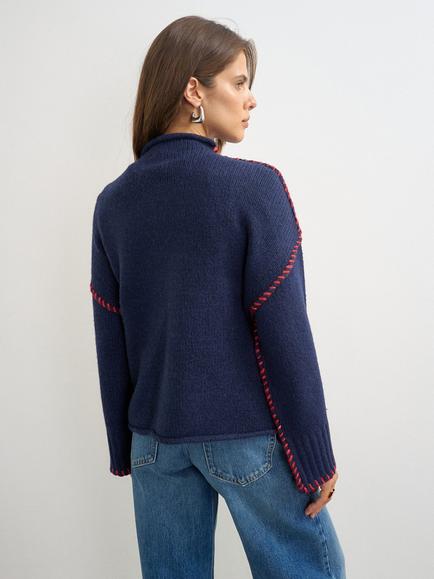 Topshop Roll Edge Blanket Stitch Jumper, Navy - view 2, Navy