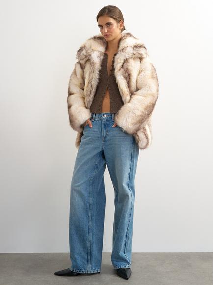 Topshop Animal Print Faux Fur Coat, Cream/Brown, Cream/Brown
