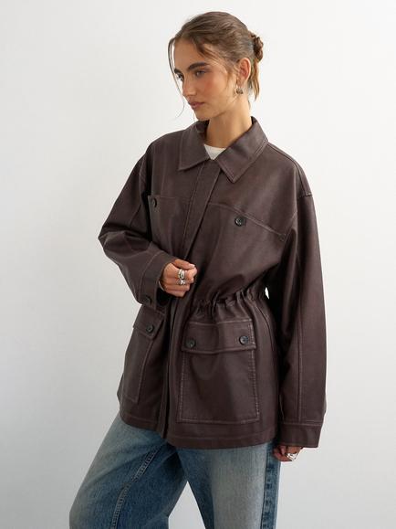 Topshop Faux Leather Cinch Waist Jacket, Dark Brown, Dark Brown