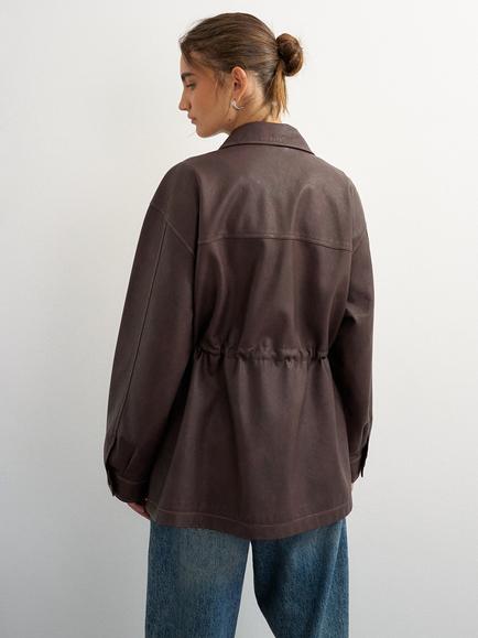 Topshop Faux Leather Cinch Waist Jacket, Dark Brown - view 2, Dark Brown