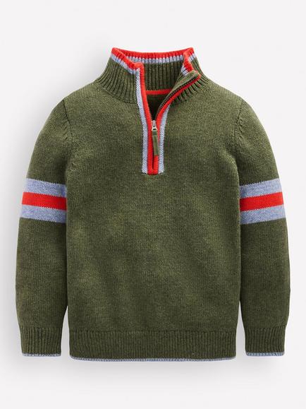 Mini Boden Kids' Heritage Half Zip Jumper, Chive Marl