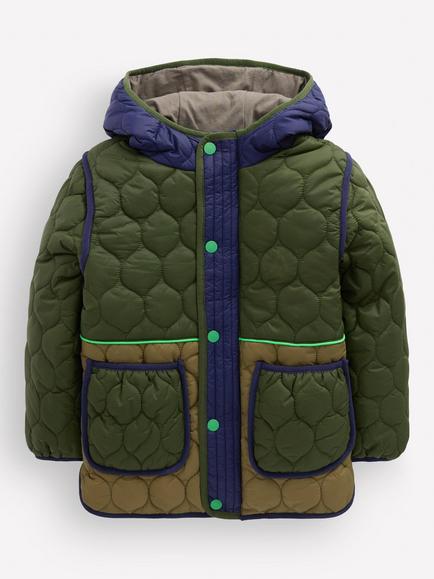 Mini Boden Kids' Hooded Onion Quilted Coat, Khaki/Multi, Khaki/Multi