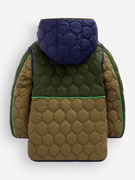 Mini Boden Kids' Hooded Onion Quilted Coat, Khaki/Multi - view 2, Khaki/Multi