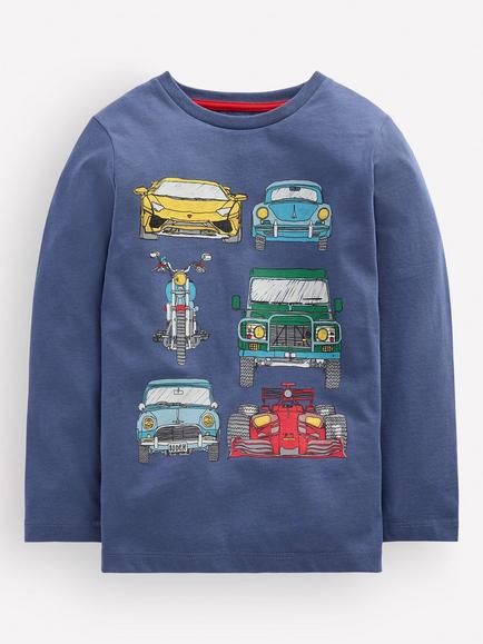 Mini Boden Kids' Cotton Front & Back Transport Print T-Shirt, Blue/Multi, Blue/Multi