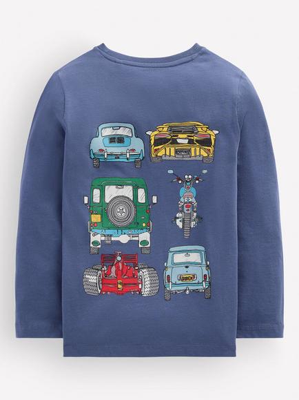 Mini Boden Kids' Cotton Front & Back Transport Print T-Shirt, Blue/Multi - view 2, Blue/Multi