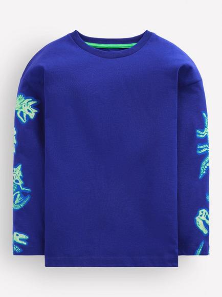 Mini Boden Kids' Cotton Front & Back Glow-in-the-Dark Dinosaur Print T-Shirt, Bright Blue/Multi, Bright Blue/Multi