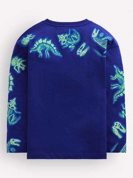 Mini Boden Kids' Cotton Front & Back Glow-in-the-Dark Dinosaur Print T-Shirt, Bright Blue/Multi - view 2, Bright Blue/Multi