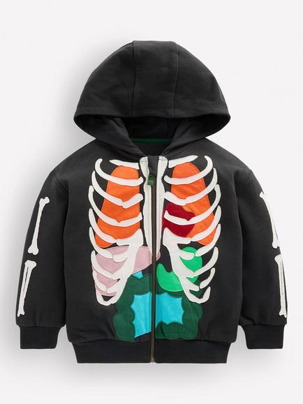 Mini Boden Kids' Glow Fun Skeleton Zip Through Hoodie, Shadow Grey/Multi, Shadow Grey/Multi