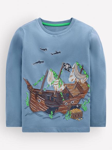 Mini Boden Kids' Glow Pirate Ship Superstitch T-Shirt, Blue/Multi, Blue/Multi
