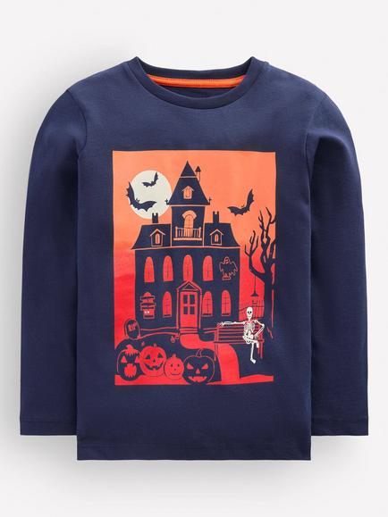 Mini Boden Kids' Halloween Glow-in-the-Dark Long Sleeve T-Shirt, Navy/Multi, Navy/Multi
