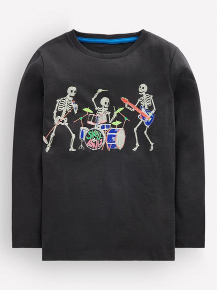 Mini Boden Kids' Skeleton Glow-in-the-Dark Long Sleeve T-Shirt, Grey/Multi, Grey/Multi
