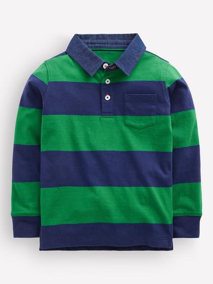 Mini Boden Kids' Long Sleeve Smart Polo Shirt, Navy/Fresh Green, Navy/Fresh Green