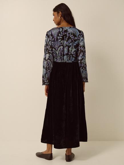 Monsoon Claudia Long Sleeve Floral Devoré Midi Dress, Black - view 2, Black