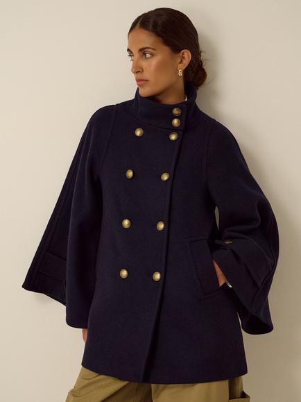Monsoon Frida Funnel Neck Cape Coat, Navy, Navy