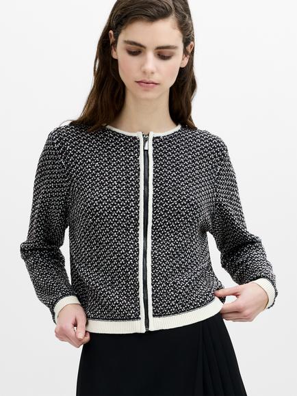 French Connection Noah Soft Touch Zip Through Cardigan, Navy/Brown/Cream, Navy/Brown/Cream