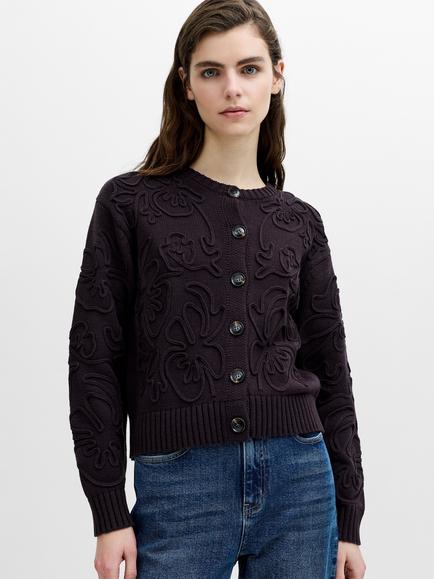 French Connection Varli 3D Floral Knit Cardigan, Mocha Brown, Mocha Brown